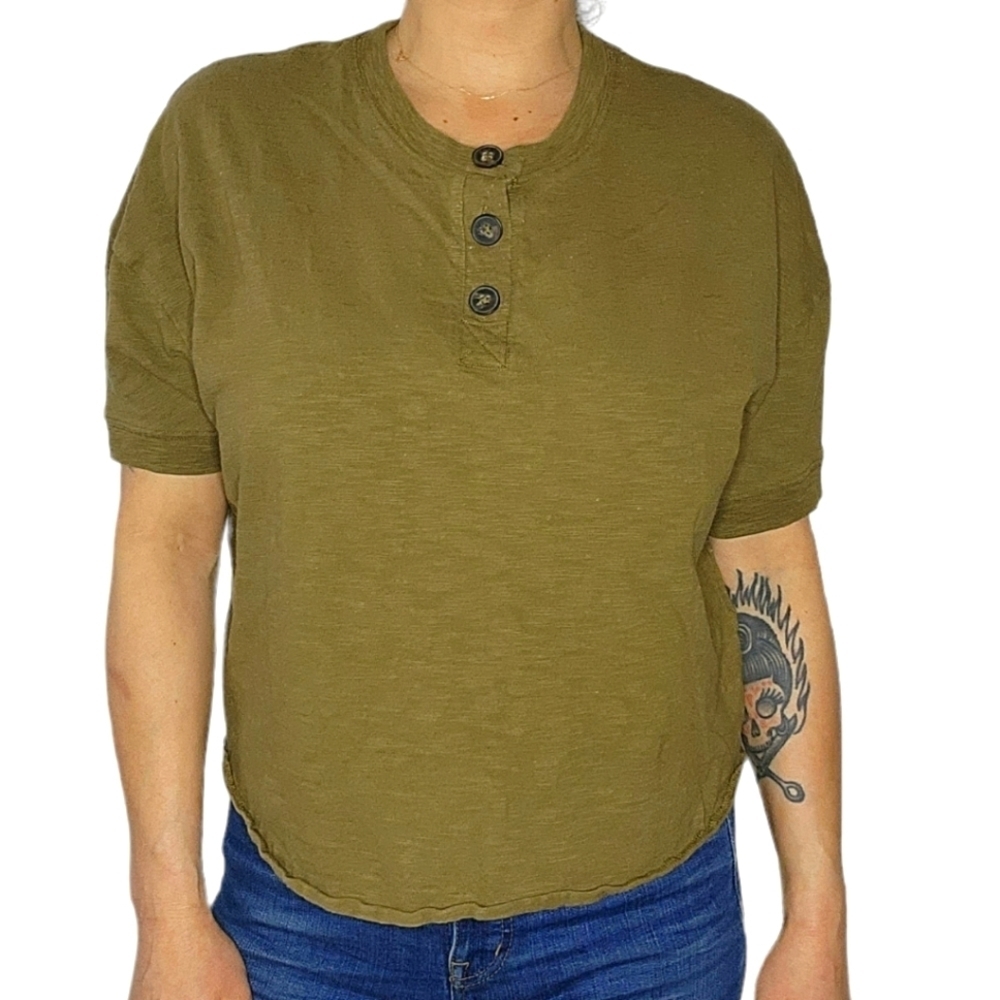Madewell Cotton Wood Button Henley Short Sleeve Shirt Size Large Green - Picture 2 of 6